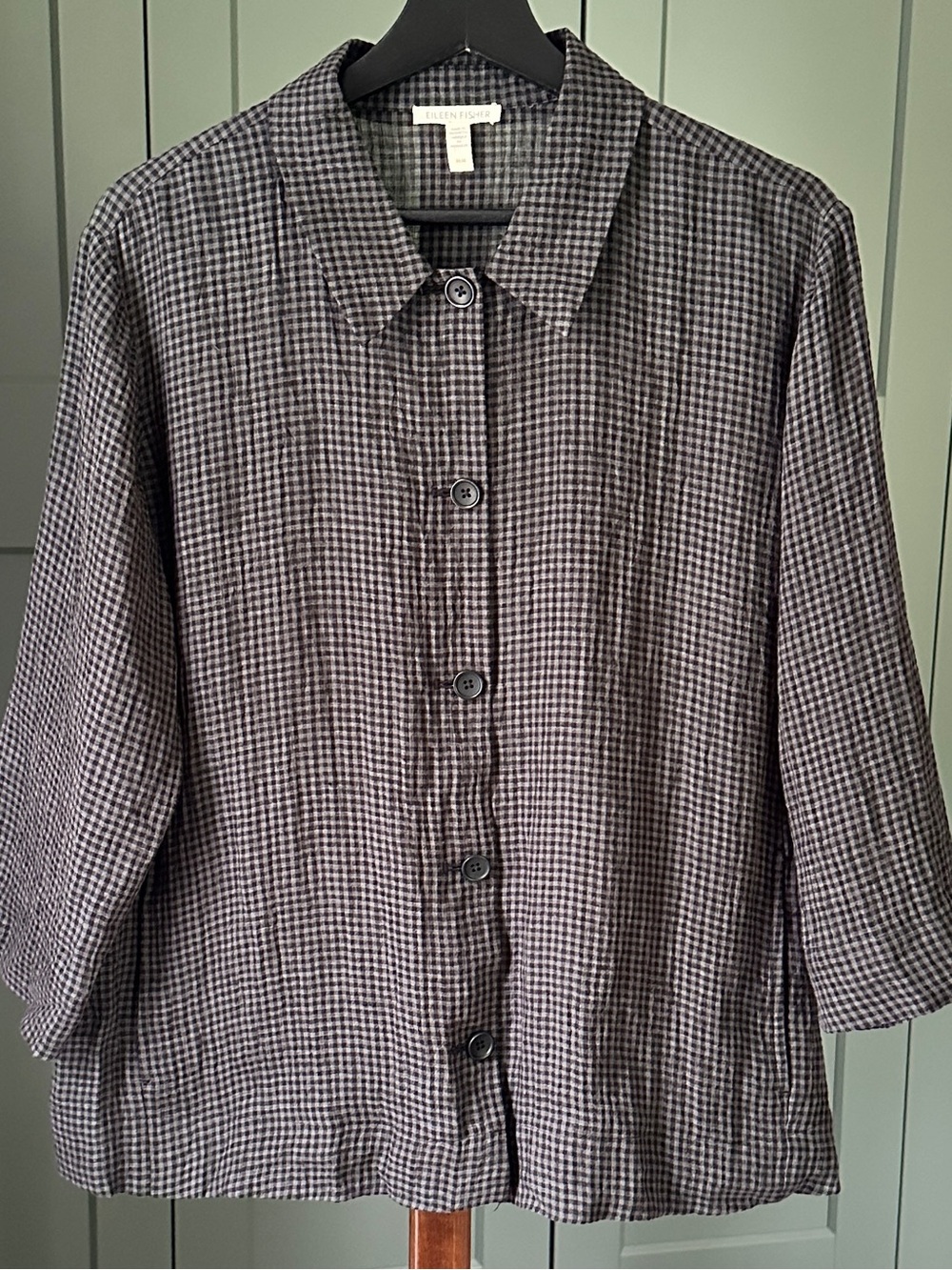 Eileen Fisher Black and Gray Check Button-Front Shirt Jacket